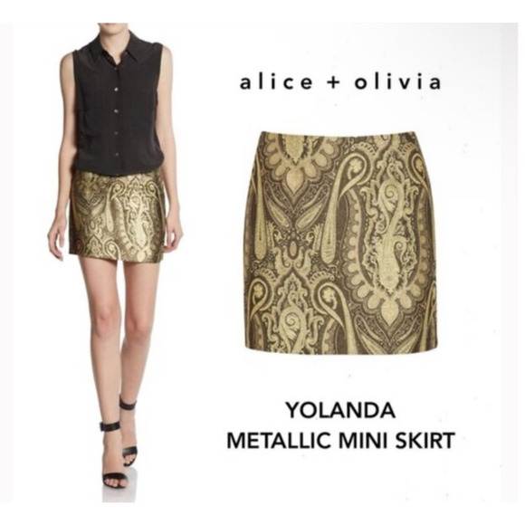 Alice + Olivia Yolanda Brocade High Waisted Mini Skirt Metallic Gold Women's 10 - Picture 1 of 8